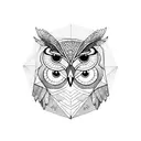 half geometric half realistic owl with pocket watch tattoo design idea
