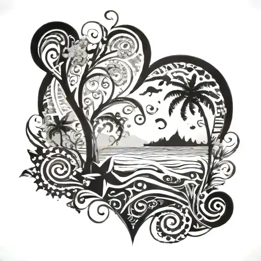 A symbolic tattoo of a heart-shaped beach made up of intricate black and grey patterns, with subtle nods to music and nature incorporated into the design tattoo design idea