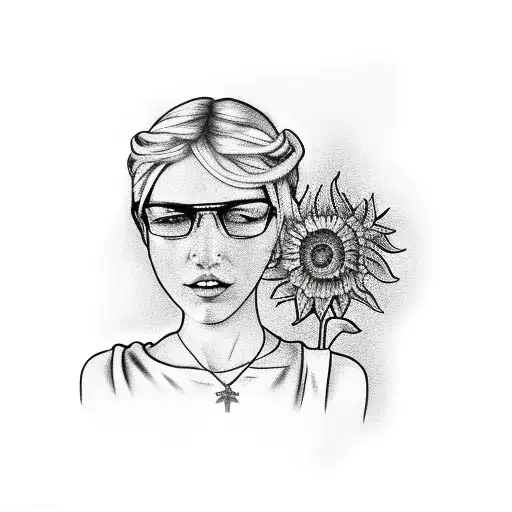 blonde woman with short hair wearing glasses with roman victory chaplet on her head holding a sunflower and blowing a ki tattoo design idea