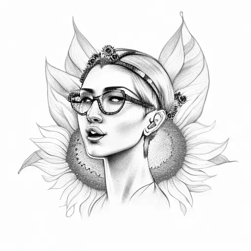 blonde woman with short hair wearing glasses with roman victory chaplet on her head holding a sunflower and blowing a ki tattoo design idea