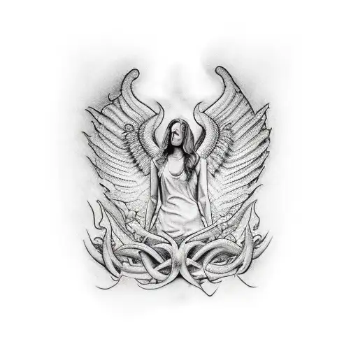 devil riping out the skin and angel wing stiched to back  tattoo design idea