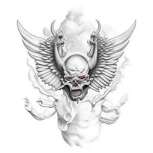 devil riping out the skin and angel wing stiched to back  tattoo design idea
