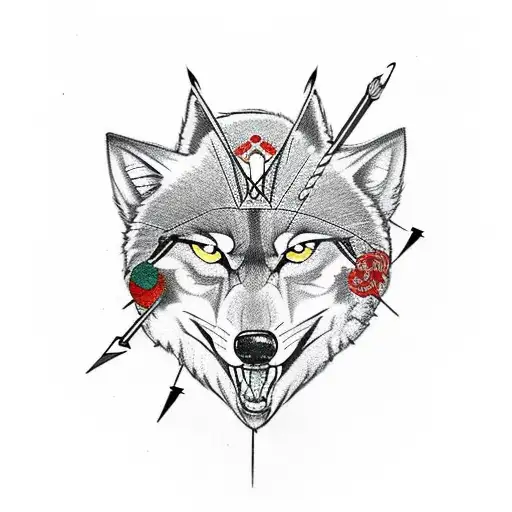 Arrow, half wolf head on one side and half of heart on the other tattoo design idea