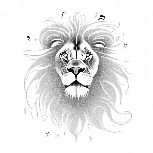 Create a lion playing a grand piano on a beach in Cape Town, with a mix of musical notes and IT symbols floating around them, symbolizing your love for music, travel, and occupation tattoo design idea