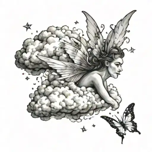 realistic clouds and fairy sparkles scattered tattoo design idea