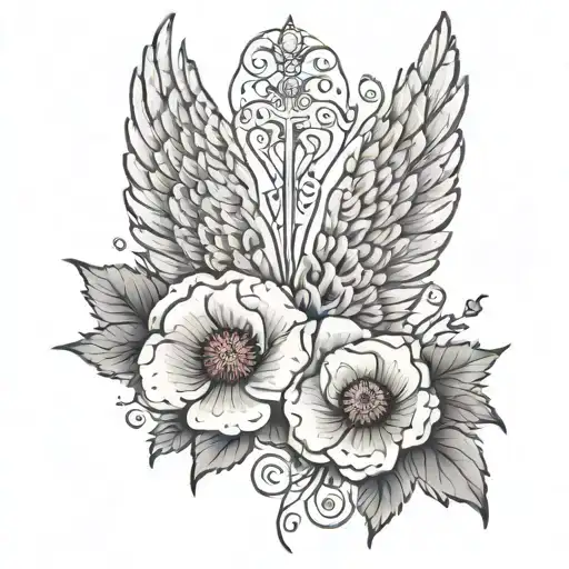Angel wings with Poppy under one and Grandma Joyce under the other tattoo design idea