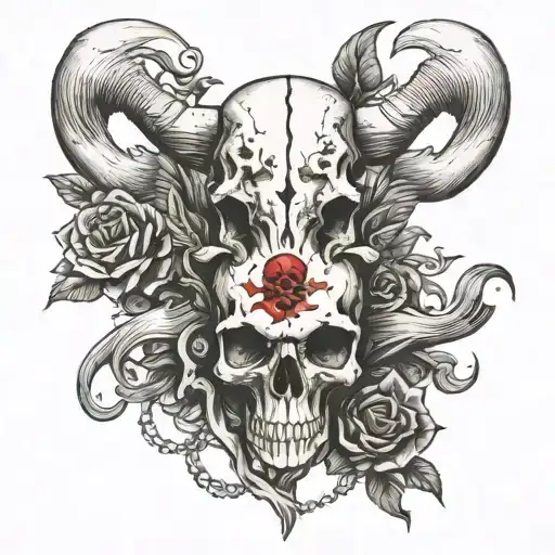 windrose in the back, Animal skull of ram/Aries in the foreground, two crossed keys below the skull like a pirate flag tattoo design idea