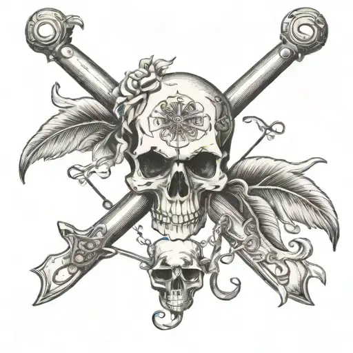 windrose in the back, Animal skull of ram/Aries in the front, two crossed keys below the skull like a pirate flag tattoo design idea