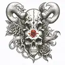 windrose in the back, Animal skull of ram/Aries in the foreground, two crossed keys below the skull like a pirate flag tattoo design idea