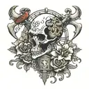 windrose in the back, Animal skull of ram/Aries in the foreground, two crossed keys below the skull like a pirate flag tattoo design idea