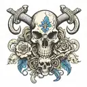 windrose in the back, Animal skull of ram/Aries in the foreground, two crossed keys below the skull like a pirate flag tattoo design idea