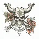 windrose in the back, Animal skull of ram/Aries in the front, two crossed keys below the skull like a pirate flag tattoo design idea