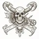 windrose in the back, Animal skull of ram/Aries in the front, two crossed keys below the skull like a pirate flag tattoo design idea