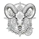 black and white, big wind rose, Animal skull of ram/Aries in the front, two crossed keys below the skull tattoo design idea
