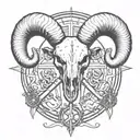 black and white, big wind rose, Animal skull of ram/Aries in the front, two crossed keys below the skull tattoo design idea