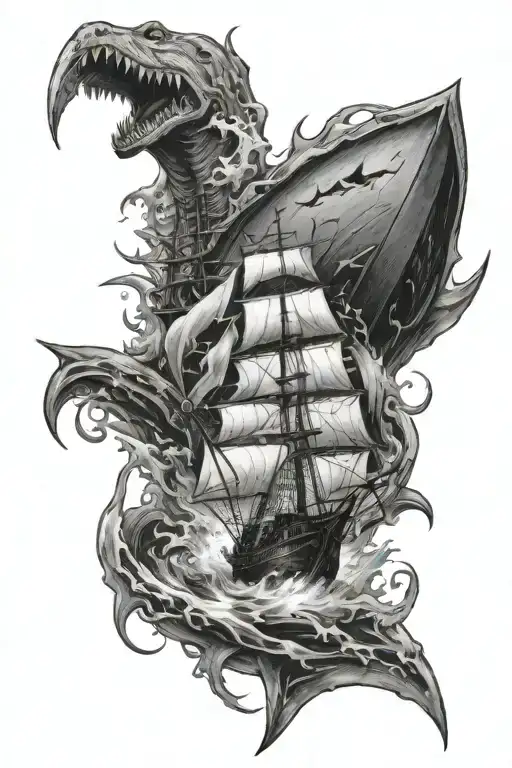 shoulder tattoo of ship getting destroyed by kraken, below it is sharks and at the bottom is some stone and a trident  tattoo design idea