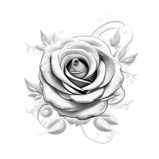 A realistic depiction of a blooming rose vine wrapping around a lawnmower tattoo design idea