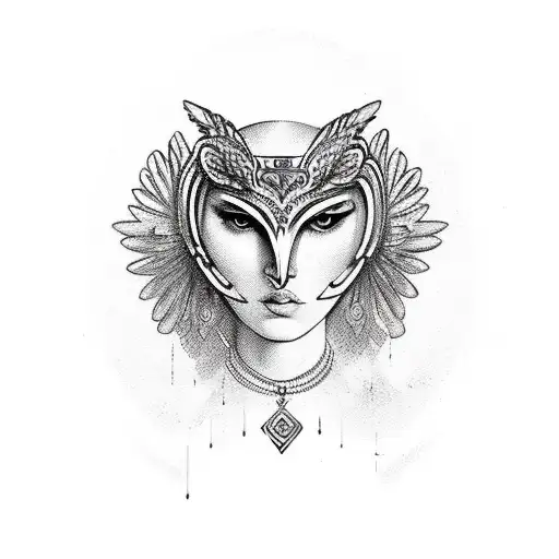 greek godess with mask of owl with clear face tattoo design idea