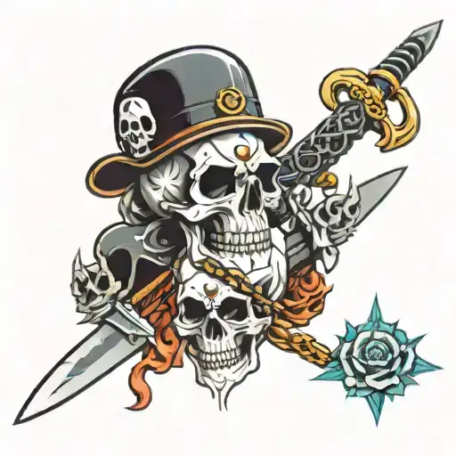 Skulls with knives royalty chains tattoo design idea