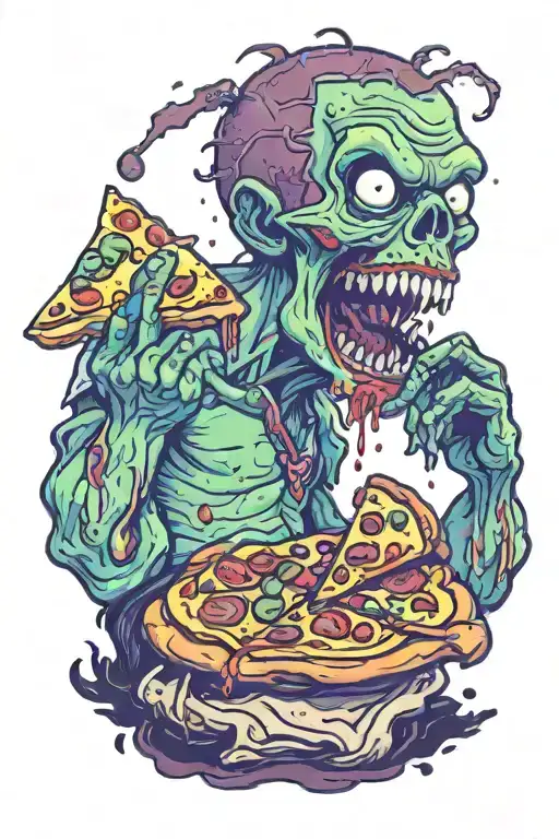 A colorful tattoo featuring a zombie enjoying a slice of pizza topped with brains. The zombie has decaying greenish skin tattoo design idea