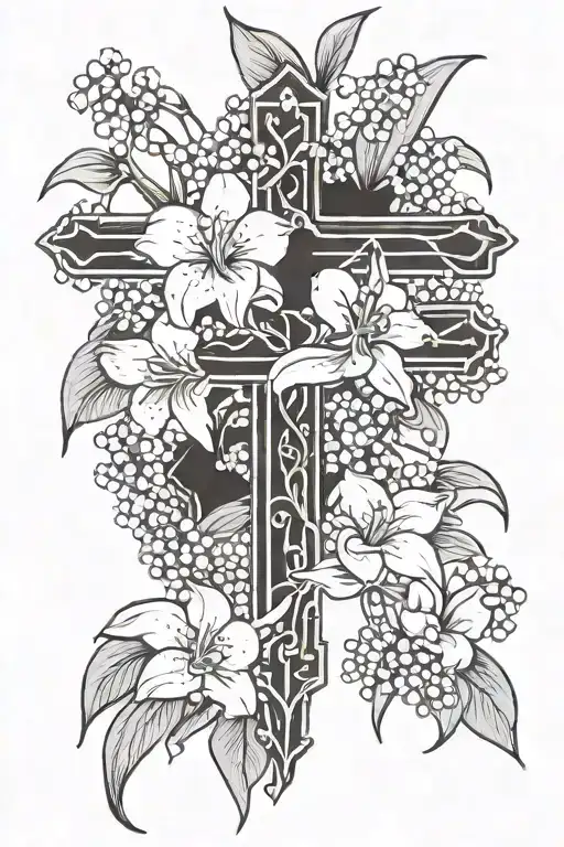 black and white cross with lily of the valley flowers intertwined tattoo design idea