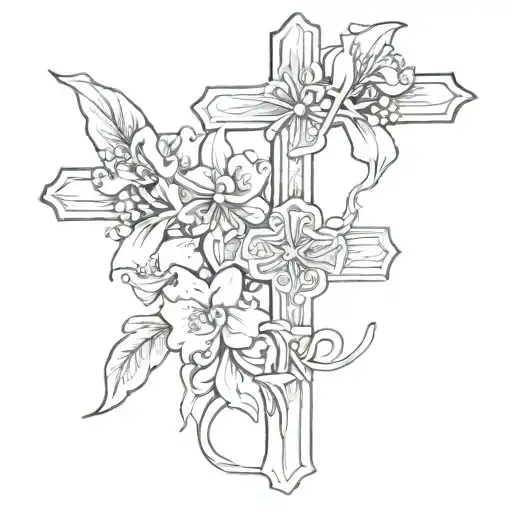 black and white cross with lilly of the valley flower intertwined  tattoo design idea