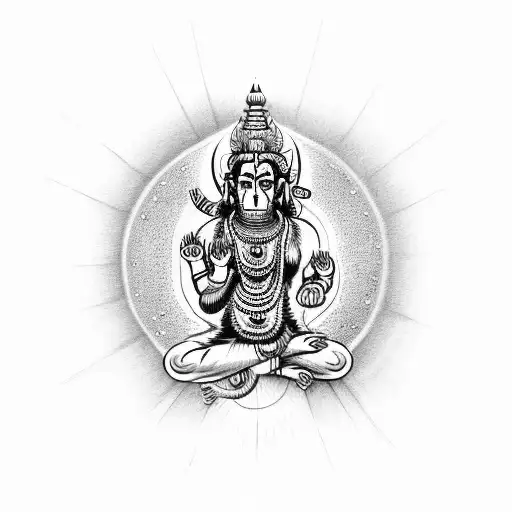 A detailed depiction of Hanuman mahadev ram dhanushya ban sudarshan chakra surrounded by celestial beings tattoo design idea