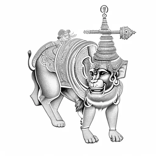 Hanuman riding on a chariot pulled by Hanuman mahadev ram dhanushya ban sudarshan chakra tattoo design idea