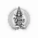 A detailed depiction of Hanuman mahadev ram dhanushya ban sudarshan chakra surrounded by celestial beings tattoo design idea