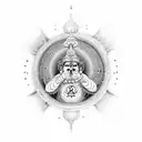 A detailed depiction of Hanuman mahadev ram dhanushya ban sudarshan chakra surrounded by celestial beings tattoo design idea