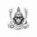 A detailed depiction of Hanuman mahadev ram dhanushya ban sudarshan chakra surrounded by celestial beings tattoo design idea