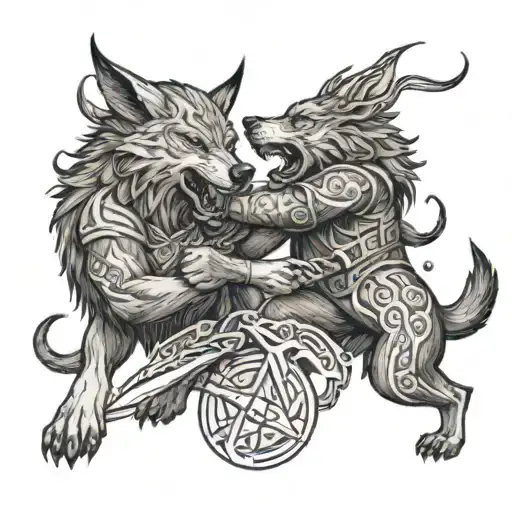 Ragnarok battle scene with wolves and Vikings in a fierce showdown tattoo design idea