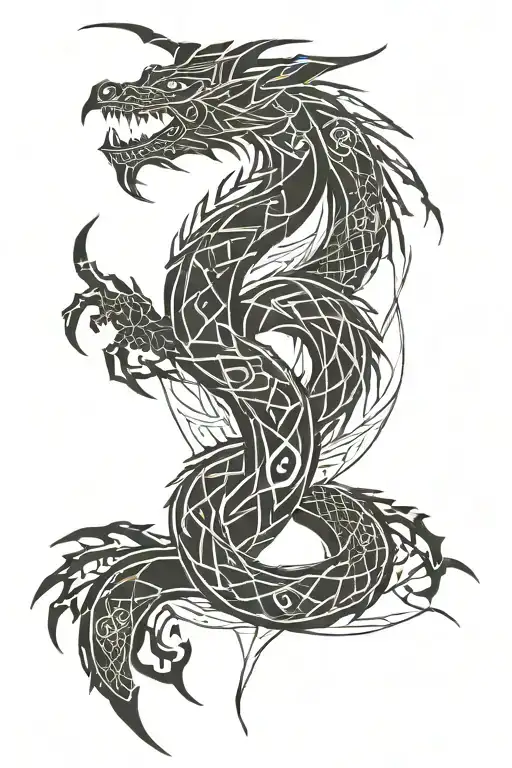 dragon with viking rune with nordic runes tattoo design idea