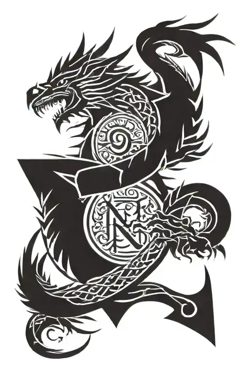 dragon with viking rune with nordic runes tattoo design idea