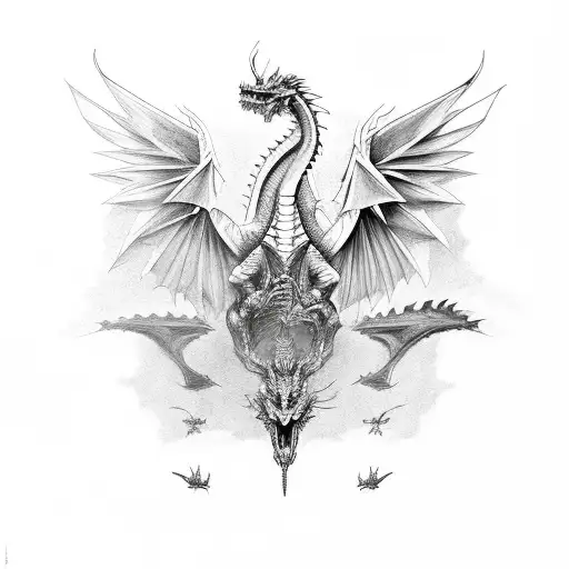 Dragon with bones, big wings with a background of golden ratio tattoo design idea