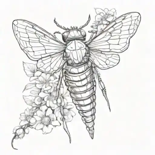 Cicada with wing open surrounded by dead flowers tattoo design idea