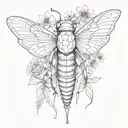 Cicada with wing open surrounded by dead flowers tattoo design idea