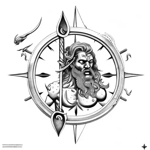 Poseidon with a trident and an old ship sinking over a compass tattoo design idea