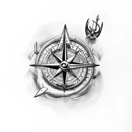 Poseidon with a trident and an old ship sinking over a compass with mountain and 2 eagles tattoo design idea