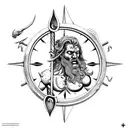 Poseidon with a trident and an old ship sinking over a compass tattoo design idea