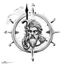 Poseidon with a trident and an old ship sinking over a compass tattoo design idea