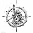 Poseidon with a trident and an old ship sinking over a compass tattoo design idea