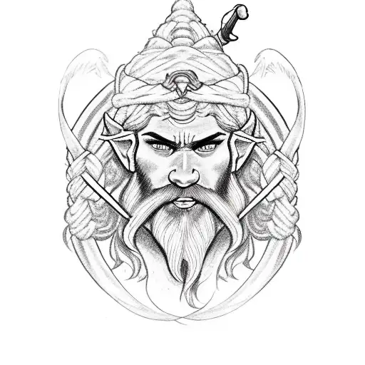 A tight elf, a dwarf with a red beard braided in a braid, an archer with red hair, a big and strong barbarian  tattoo design idea