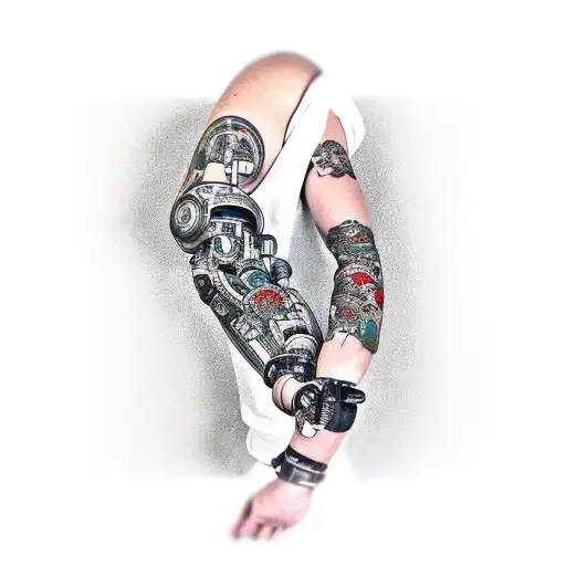 robotic arm shoulder and full sleeve  tattoo design idea