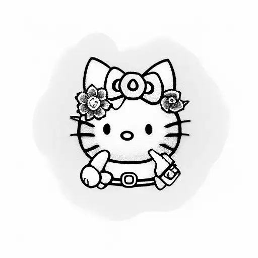 Hello Kitty surrounded by a whimsical cottage core garden tattoo design idea