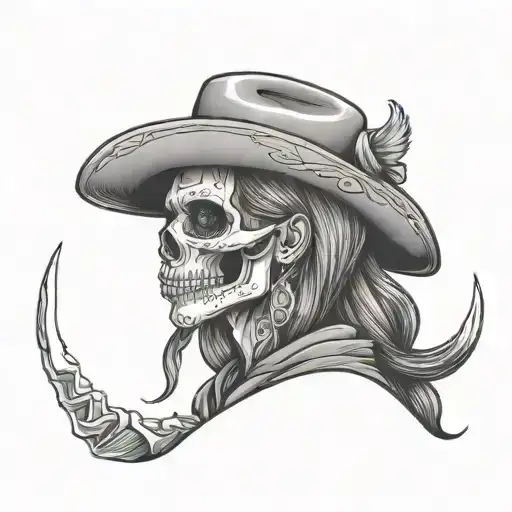 cowgirl skull with hat making silence depicted tattoo design idea