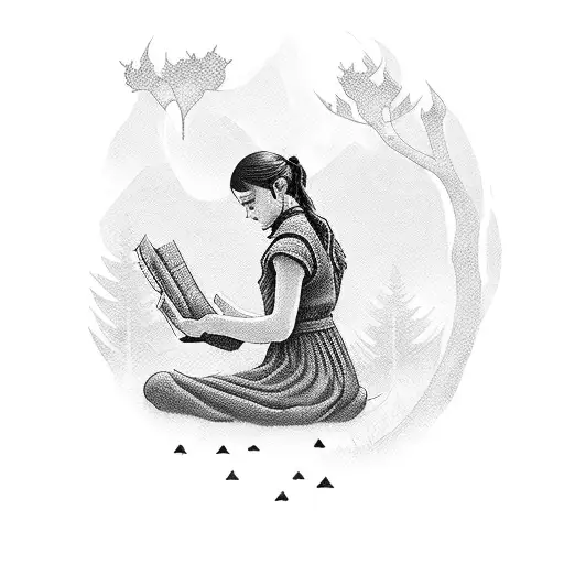 A silhouette of Arya Stark reading a book in a serene natural setting tattoo design idea