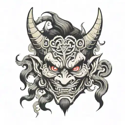 demon mask with horns and goblin features, with smoke comming out of the ears tattoo design idea