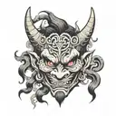 demon mask with horns and goblin features, with smoke comming out of the ears tattoo design idea