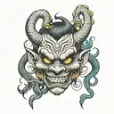 demon mask with horns and goblin features, with smoke comming out of the ears tattoo design idea